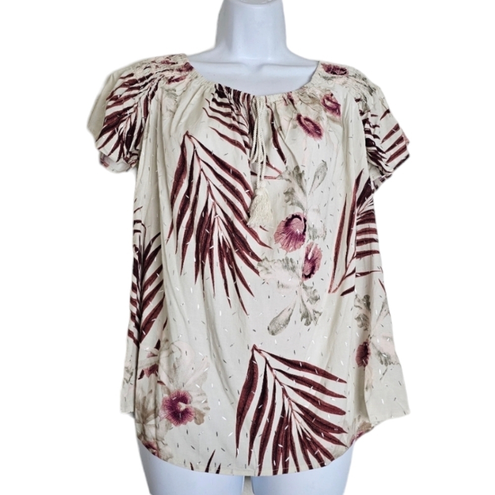 Harve Benard Floral Tie-Front Peasant Blouse Cream Pink Boho Size L